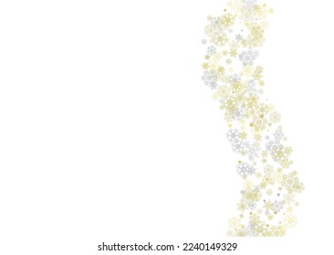 Gold snowflakes frame on white background. New year theme. Horizontal shiny Christmas frame for holiday banner, card, sale, special offer. Falling snow with gold snowflake and glitter for party invite