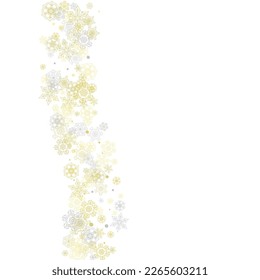 Gold snowflakes frame on white background. New year theme. Stylish shiny Christmas frame for holiday banner, card, sales, special offers. Falling snow with gold snowflakes and glitter for party invite