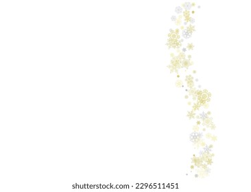 Gold snowflakes frame on white background. New year theme. Horizontal shiny Christmas frame for holiday banner, card, sale, special offer. Falling snow with gold snowflake and glitter for party invite