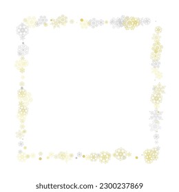 Gold snowflakes frame on white background. New year theme. Stylish shiny Christmas frame for holiday banner, card, sales, special offers. Falling snow with gold snowflakes and glitter for party invite