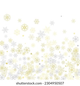 Gold snowflakes frame on white background. New year theme. Stylish shiny Christmas frame for holiday banner, card, sales, special offers. Falling snow with gold snowflakes and glitter for party invite