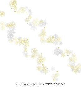 Gold snowflakes frame on white background. New year theme. Stylish shiny Christmas frame for holiday banner, card, sales, special offers. Falling snow with gold snowflakes and glitter for party invite