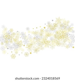 Gold snowflakes frame on white background. New year theme. Stylish shiny Christmas frame for holiday banner, card, sales, special offers. Falling snow with gold snowflakes and glitter for party invite
