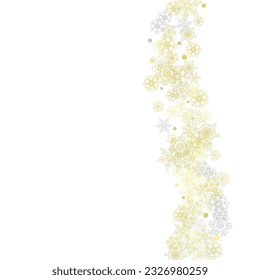 Gold snowflakes frame on white background. New year theme. Stylish shiny Christmas frame for holiday banner, card, sales, special offers. Falling snow with gold snowflakes and glitter for party invite