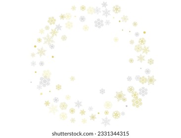 Gold snowflakes frame on white background. New year theme. Horizontal shiny Christmas frame for holiday banner, card, sale, special offer. Falling snow with gold snowflake and glitter for party invite