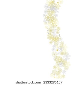 Gold snowflakes frame on white background. New year theme. Stylish shiny Christmas frame for holiday banner, card, sales, special offers. Falling snow with gold snowflakes and glitter for party invite