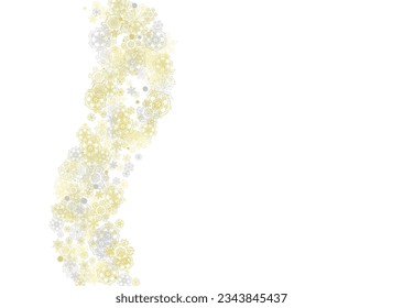 Gold snowflakes frame on white background. New year theme. Horizontal shiny Christmas frame for holiday banner, card, sale, special offer. Falling snow with gold snowflake and glitter for party invite