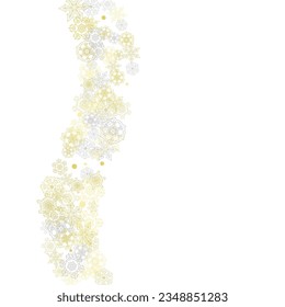 Gold snowflakes frame on white background. New year theme. Stylish shiny Christmas frame for holiday banner, card, sales, special offers. Falling snow with gold snowflakes and glitter for party invite