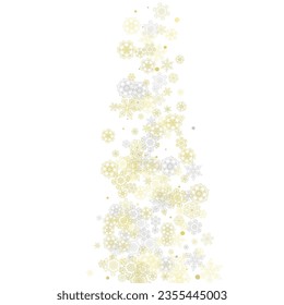 Gold snowflakes frame on white background. New year theme. Stylish shiny Christmas frame for holiday banner, card, sales, special offers. Falling snow with gold snowflakes and glitter for party invite