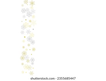 Gold snowflakes frame on white background. New year theme. Horizontal shiny Christmas frame for holiday banner, card, sale, special offer. Falling snow with gold snowflake and glitter for party invite