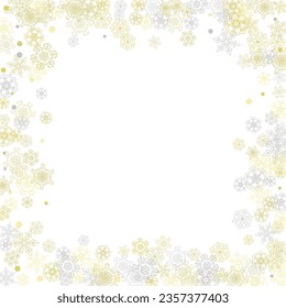 Gold snowflakes frame on white background. New year theme. Stylish shiny Christmas frame for holiday banner, card, sales, special offers. Falling snow with gold snowflakes and glitter for party invite