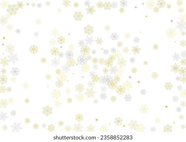 El marco dorado de los copos de nieve sobre fondo blanco. Tema del año nuevo. Marco de Navidad brillante horizontal para banner de vacaciones, tarjeta, venta, oferta especial. Invitación a la fiesta de la caída de la nieve con copo de nieve dorado y brillo