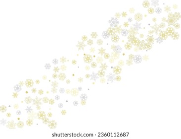 Gold snowflakes frame on white background. New year theme. Horizontal shiny Christmas frame for holiday banner, card, sale, special offer. Falling snow with gold snowflake and glitter for party invite