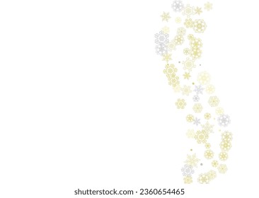 El marco dorado de los copos de nieve sobre fondo blanco. Tema del año nuevo. Marco de Navidad brillante horizontal para banner de vacaciones, tarjeta, venta, oferta especial. Invitación a la fiesta de la caída de la nieve con copo de nieve dorado y brillo