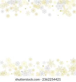Gold snowflakes frame on white background. New year theme. Stylish shiny Christmas frame for holiday banner, card, sales, special offers. Falling snow with gold snowflakes and glitter for party invite