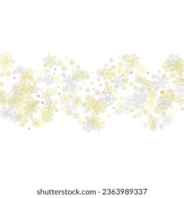 Goldene Schneeflocken rahmen auf weißem Hintergrund. Thema für das neue Jahr. Stilvoll glänzender Weihnachtsrahmen für Fest-Banner, Karten, Verkäufe, Sonderangebote. Fallender Schnee mit goldenen Schneeflocken und Glitter für Partyeinladung