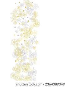 Gold snowflakes frame on white background. New year theme. Stylish shiny Christmas frame for holiday banner, card, sales, special offers. Falling snow with gold snowflakes and glitter for party invite