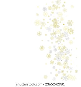 Gold snowflakes frame on white background. New year theme. Stylish shiny Christmas frame for holiday banner, card, sales, special offers. Falling snow with gold snowflakes and glitter for party invite