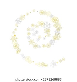 Gold snowflakes frame on white background. New year theme. Stylish shiny Christmas frame for holiday banner, card, sales, special offers. Falling snow with gold snowflakes and glitter for party invite