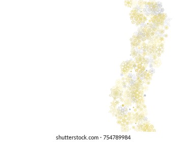 Gold snowflakes frame on white background. New year theme. Horizontal shiny Christmas frame for holiday banner, card, sale, special offer. Falling snow with gold snowflake and glitter for party invite