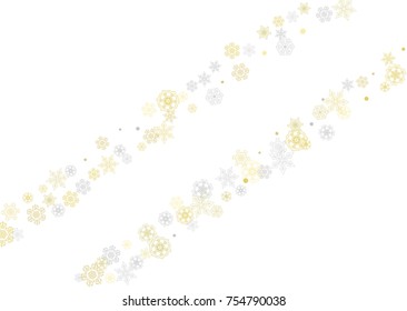 Gold snowflakes frame on white background. New year theme. Horizontal shiny Christmas frame for holiday banner, card, sale, special offer. Falling snow with gold snowflake and glitter for party invite