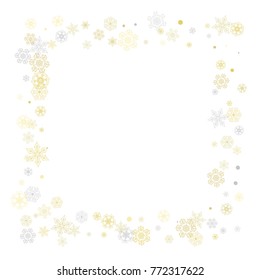 Gold snowflakes frame on white background. New year theme. Stylish shiny Christmas frame for holiday banner, card, sales, special offers. Falling snow with gold snowflakes and glitter for party invite