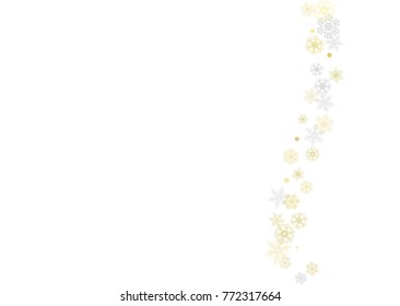 Gold snowflakes frame on white background. New year theme. Horizontal shiny Christmas frame for holiday banner, card, sale, special offer. Falling snow with gold snowflake and glitter for party invite