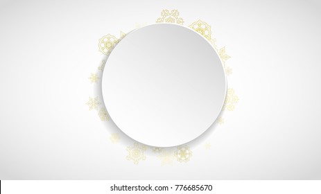 Gold snowflakes frame on white background. New year theme. Horizontal paper Christmas frame for holiday banner, card, sale, special offer. Falling snow with gold snowflake and glitter for party invite