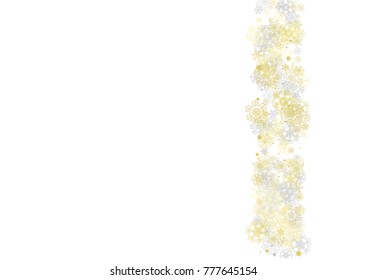 Gold snowflakes frame on white background. New year theme. Horizontal shiny Christmas frame for holiday banner, card, sale, special offer. Falling snow with gold snowflake and glitter for party invite