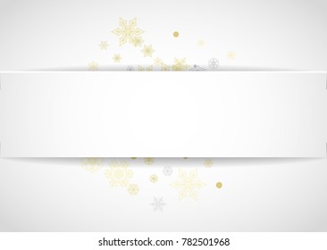 Gold snowflakes frame on white background. New year theme. Horizontal paper Christmas frame for holiday banner, card, sale, special offer. Falling snow with gold snowflake and glitter for party invite
