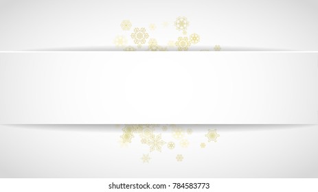 Gold snowflakes frame on white background. New year theme. Horizontal paper Christmas frame for holiday banner, card, sale, special offer. Falling snow with gold snowflake and glitter for party invite