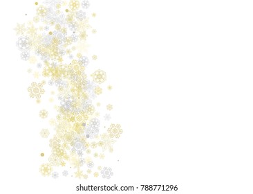 Gold snowflakes frame on white background. New year theme. Horizontal shiny Christmas frame for holiday banner, card, sale, special offer. Falling snow with gold snowflake and glitter for party invite
