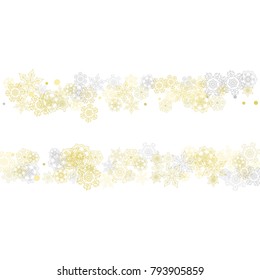 Gold snowflakes frame on white background. New year theme. Stylish shiny Christmas frame for holiday banner, card, sales, special offers. Falling snow with gold snowflakes and glitter for party invite