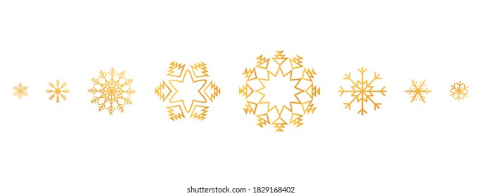 Gold snowflakes long border. Celebration banner. Christmas and New Year background. Golden snowflake with different ornament. Luxury Holiday card. Vector illustration.