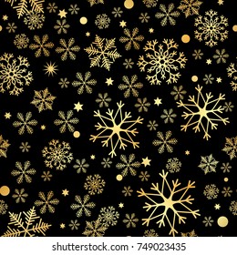 Gold snowflakes on black background. Happy New Year celebration Vector illustration.