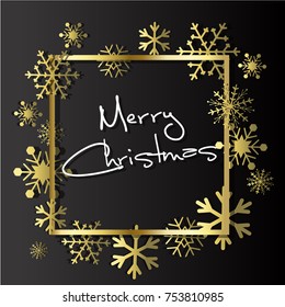 Gold Snowflakes on black background. Winter Holidays banner. Golden Snow flakes