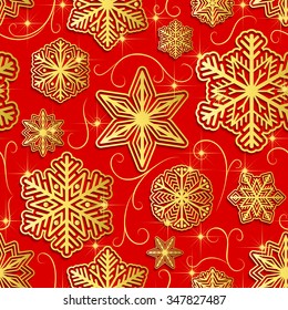Gold snowflakes on red background. Seamless winter pattern. Vector illustration EPS 10.