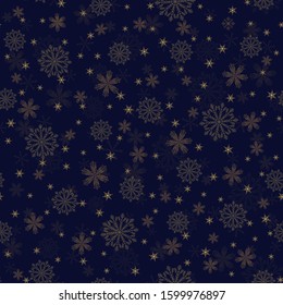 Gold Snowflakes seamless pattern. Christmas dark blue background. New year them. Vector illustration