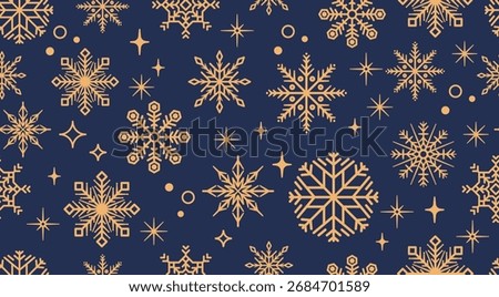 Gold Snowflakes Seamless Pattern on Navy Blue Background. Elegant Vector Seamless Background with Snow, Stars, and Frost