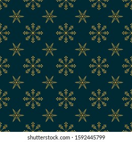 Gold Snowflakes seamless pattern. Vintage 
emerald background. Christmas collection. Vector illustration