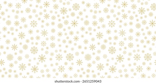 Gold Snowflakes seamless pattern. Yellow geometric simple snow flake endless design for poster banner print wrapping paper gift. Merry Christmas and New Year snowfall on white background. Flat style