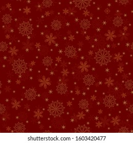 Gold Snowflakes seamless pattern.Christmas red background. New year them. Vector illustration