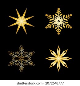 Goldschneeflocken-Set. Flacher Stil.  Symbol des Winters, Weihnachten, Neujahr Feiertage. Goldene Silhouette auf schwarzem Hintergrund. Vektorgrafik.