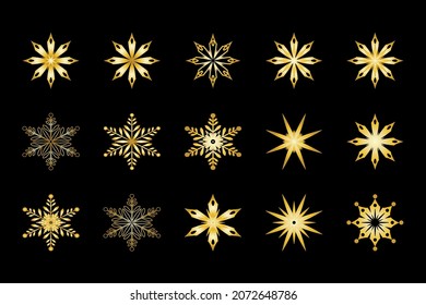 Gold Snowflakes Set. Flat style.  Symbol of winter, Christmas, New Year holiday. Golden silhouette  on black background. Vector illustration.