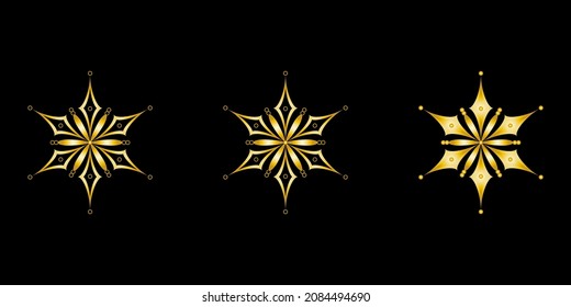 Gold Snowflakes Set. Flat style.  Symbol of winter, Christmas, New Year holiday. Golden silhouette  on black background. Vector illustration.