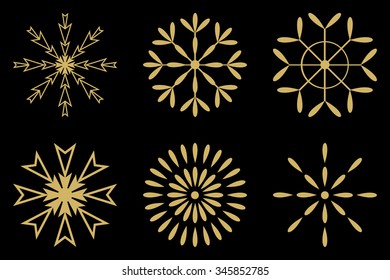 gold snowflakes set vector sign isolated on black background
