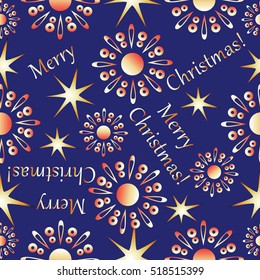 Gold snowflakes and stars. Seamless pattern with Christmas greeting. Design for textiles, glassware, tapestries, packaging for gifts.
