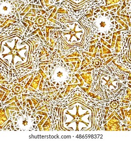 Gold snowflakes vector background pattern. Christmas seamless design for backdrop. Abstract snowflakes, trendy winter concept. Christmas, happy new year, Xmas  greeting card.