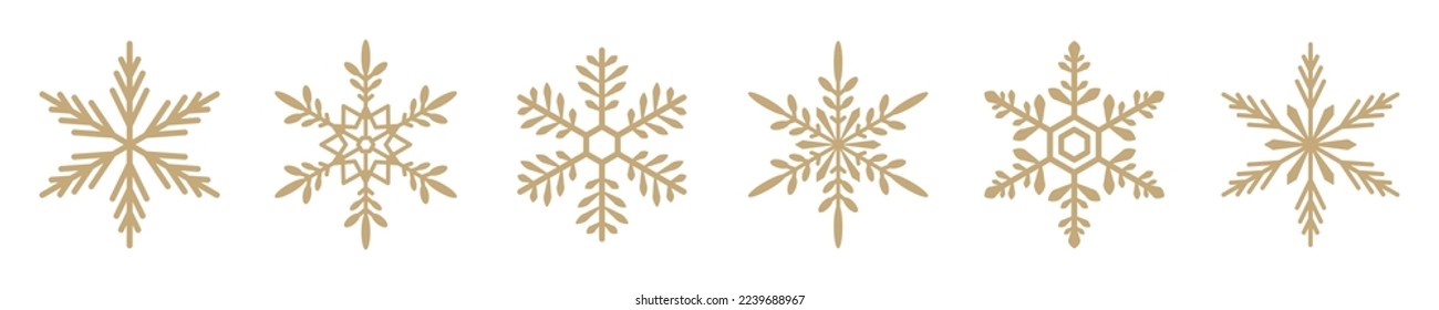 Gold snowflakes vector collection. Luxury geometric snow icons. Simple golden silhouettes isolated on white. Elegant graphic element. Winter season sign. Christmas and New Year holidays theme design