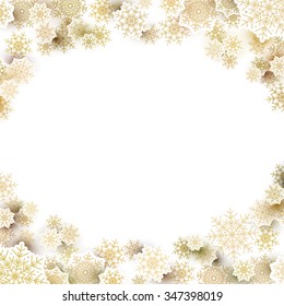 Gold snowflakes, winter background, place for text. Cute Merry Christmas card